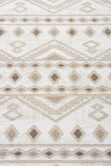 Premium Bohem Yıkanabilir Leke Tutmaz Modern Kilim Etnik Desen Elips Model Bej Renk Özel Seri Kaymaz Taban Halı
