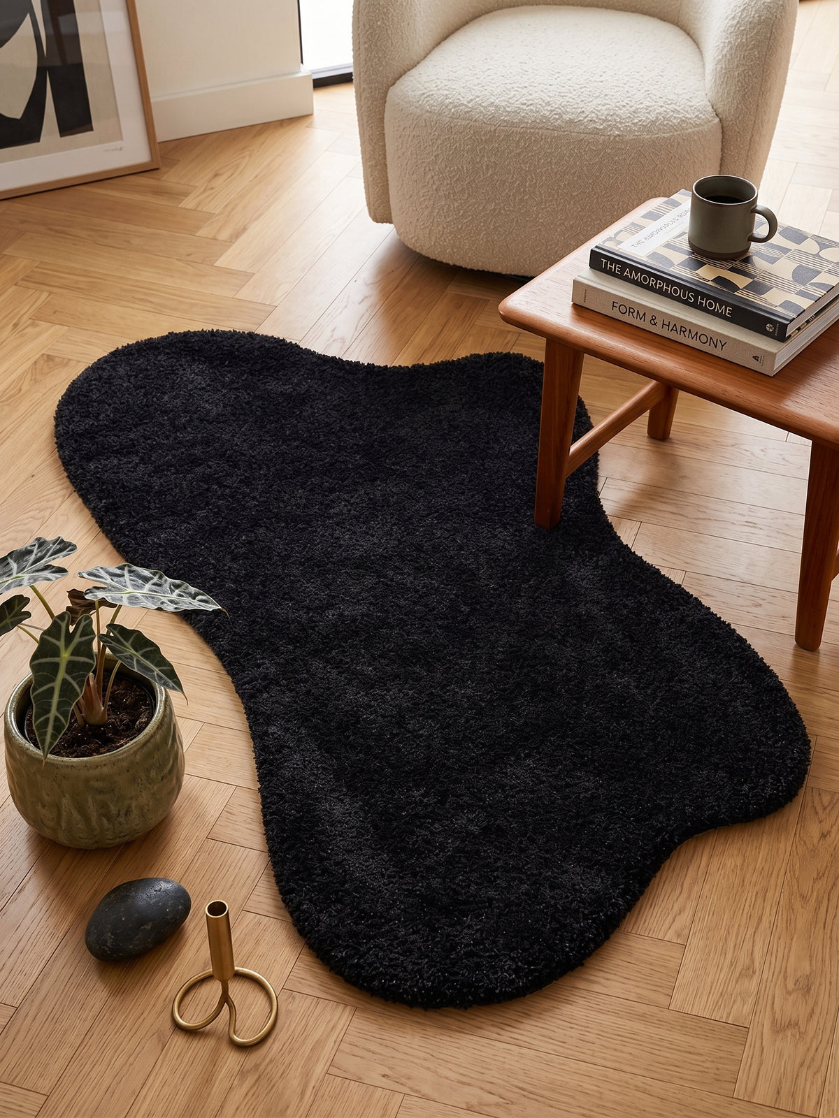 Natural Serisi Siyah Yoğun Dokulu Polyester Pamuk Tabanlı Modern Halı Yolluk Oturma Odası Salon Halısı NTRL-02-9060
