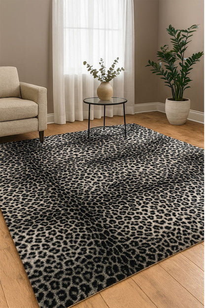 Premium Seri Gri Tavşan Tüyü Leopar Desenli Kaymaz Taban Halı Yolluk