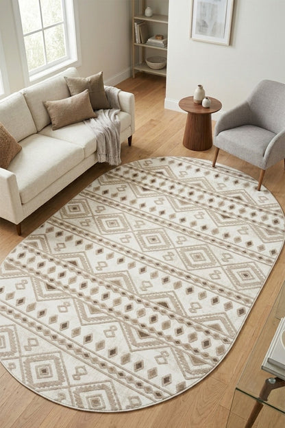 Premium Bohem Yıkanabilir Leke Tutmaz Modern Kilim Etnik Desen Elips Model Bej Renk Özel Seri Kaymaz Taban Halı