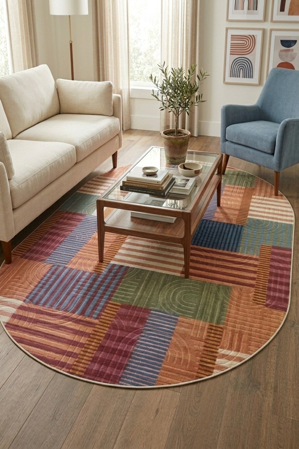 Oval Bohem Yıkanabilir Leke Tutmaz Modern Multi Renkli Özel Seri Kaymaz Taban Halı Kilim Yolluk RCMULTI_KLM_YENIMDL_ELIPS_002