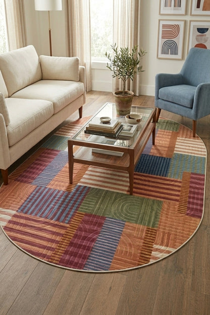 Oval Bohem Yıkanabilir Leke Tutmaz Modern Multi Renkli Özel Seri Kaymaz Taban Halı Kilim Yolluk RCMULTI_KLM_YENIMDL_ELIPS_002