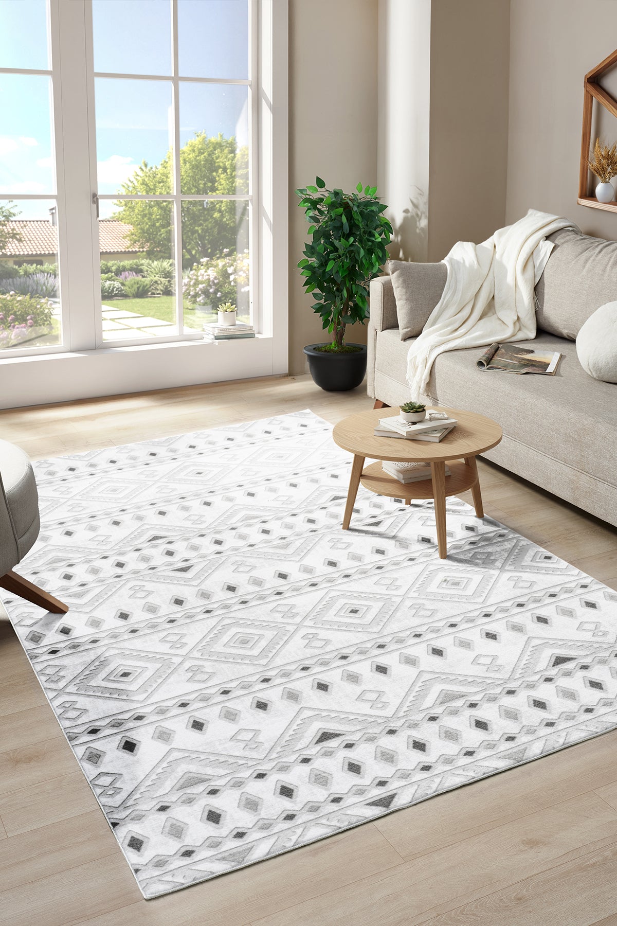 Premium Bohem Yıkanabilir Leke Tutmaz Modern Oturma Odası Halısı Etnik Desen Grı Renk Özel Seri Kaymaz Taban Halı