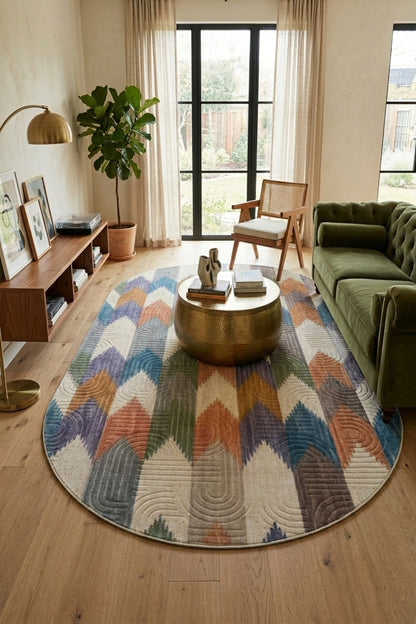 Oval Bohem Yıkanabilir Leke Tutmaz Modern Multi Renkli Özel Seri Kaymaz Taban Halı Kilim Yolluk RCMULTI_KLM_YENIMDL_ELIPS_001