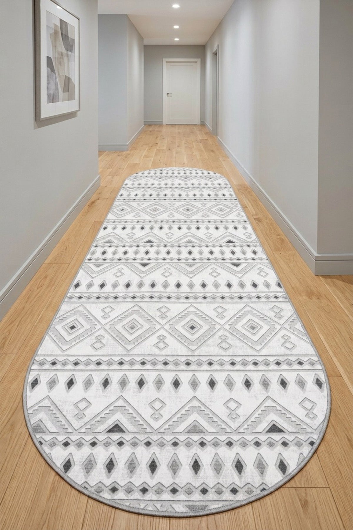 Premium Bohem Yıkanabilir Leke Tutmaz Modern Yolluk Etnik Desen Grı Renk Elips Model Özel Seri Kaymaz Taban Halı