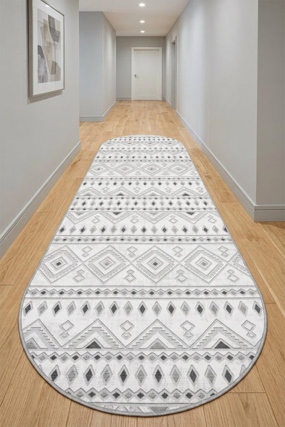 Premium Bohem Yıkanabilir Leke Tutmaz Modern Yolluk Etnik Desen Grı Renk Elips Model Özel Seri Kaymaz Taban Halı