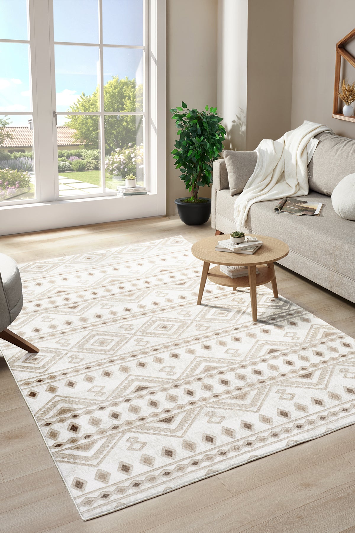 Premium Bohem Yıkanabilir Leke Tutmaz Modern Oturma Odası Halısı Etnik Desen Bej Renk Özel Seri Kaymaz Taban Halı