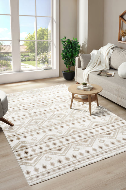 Premium Bohem Yıkanabilir Leke Tutmaz Modern Oturma Odası Halısı Etnik Desen Bej Renk Özel Seri Kaymaz Taban Halı