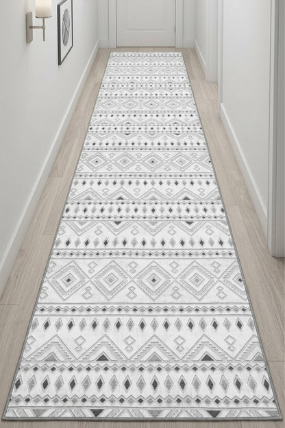 Premium Bohem Yıkanabilir Leke Tutmaz Modern Yolluk Etnik Desen Grı Özel Seri Kaymaz Taban Halı