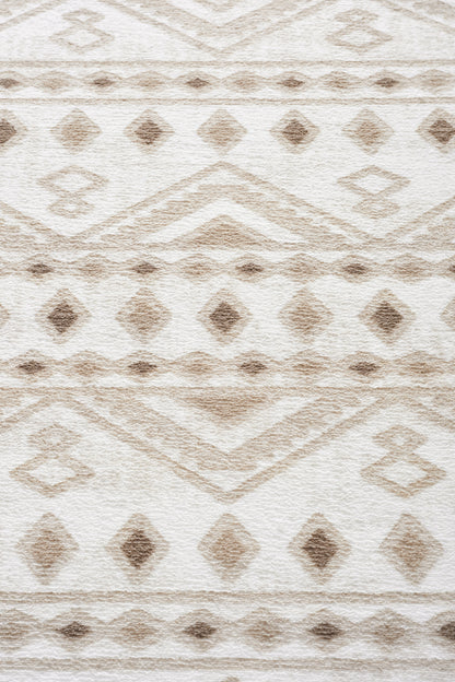 Premium Bohem Yıkanabilir Leke Tutmaz Modern Kilim Etnik Desen Elips Model Bej Renk Özel Seri Kaymaz Taban Halı