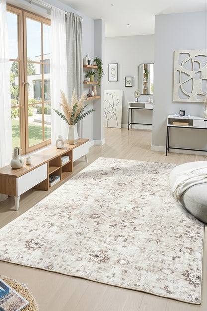 Premium Yıkanabilir Leke Tutmaz Modern Antik Bej Özel Seri Kaymaz Taban Halı Yolluk