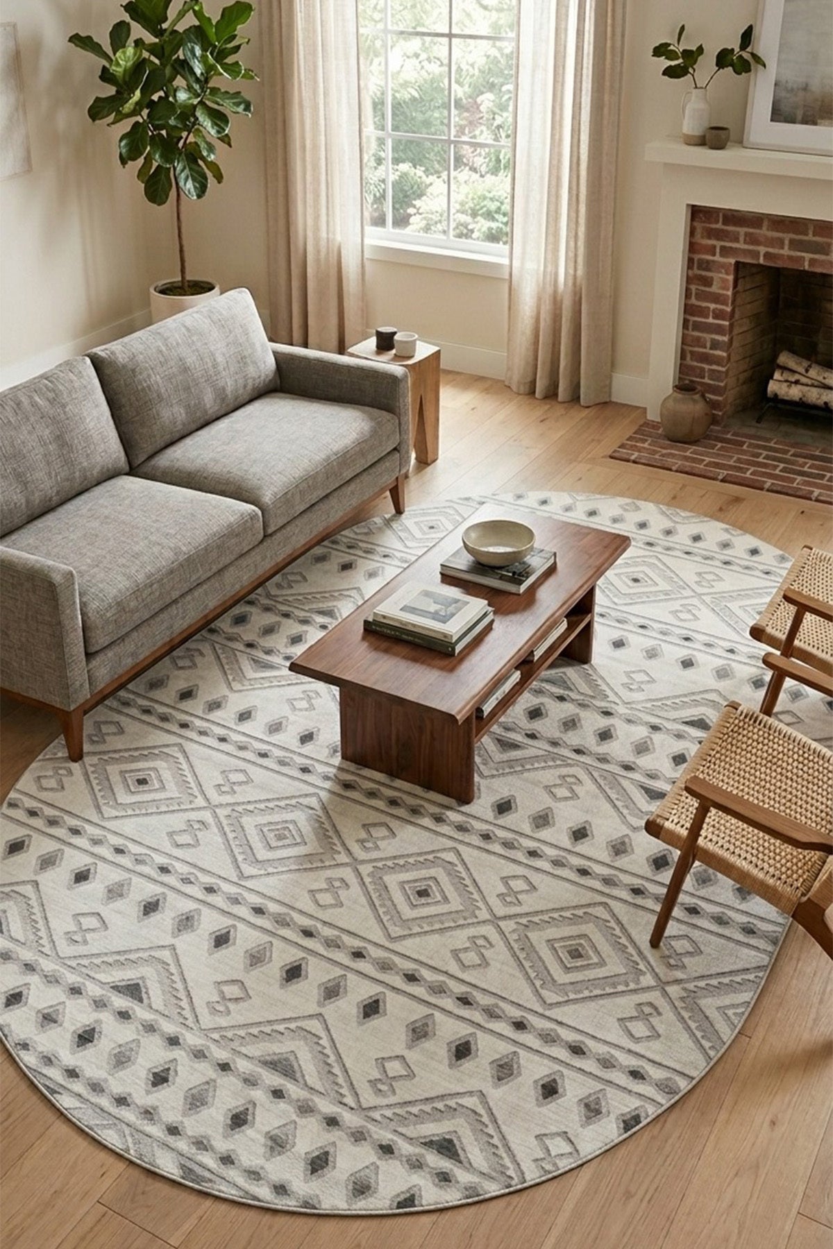 Premium Bohem Yıkanabilir Leke Tutmaz Modern Kilim Etnik Desen Elips Model Grı Renk Özel Seri Kaymaz Taban Halı