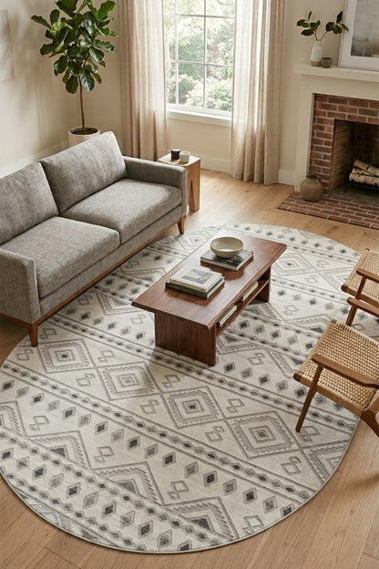 Premium Bohem Yıkanabilir Leke Tutmaz Modern Kilim Etnik Desen Elips Model Grı Renk Özel Seri Kaymaz Taban Halı