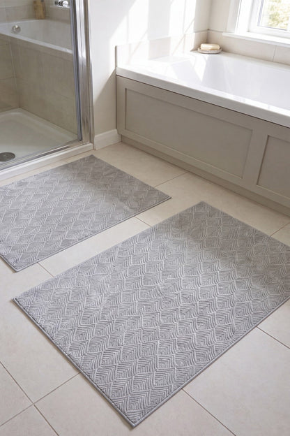 Yaprak Desenli Premium Seri Özel Kaymaz Taban Banyo Paspası 2'li Set 50x60 ve 60x100