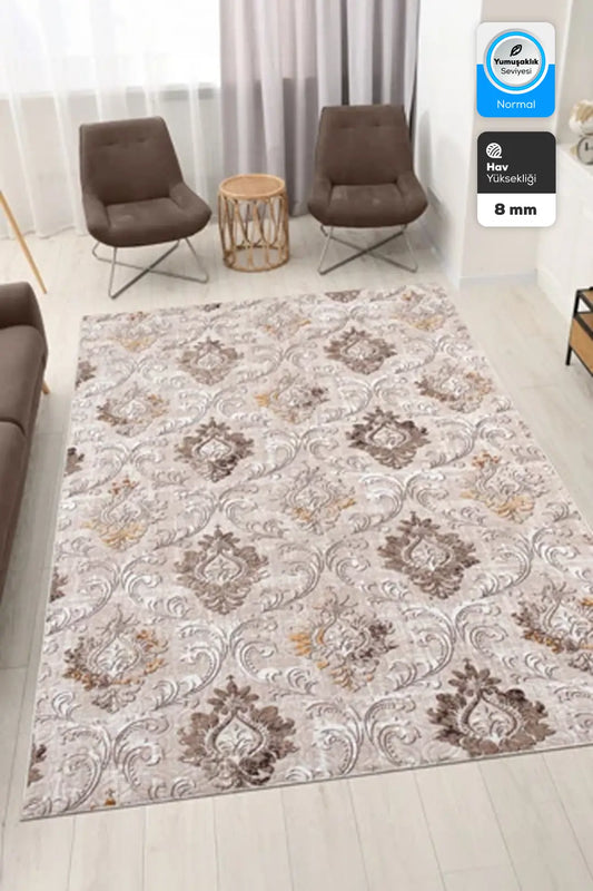 Kahve Motifli Desenli Emboss Çökme Kalın Yumuşak Kaymaz Özel Taban Halı Yolluk
