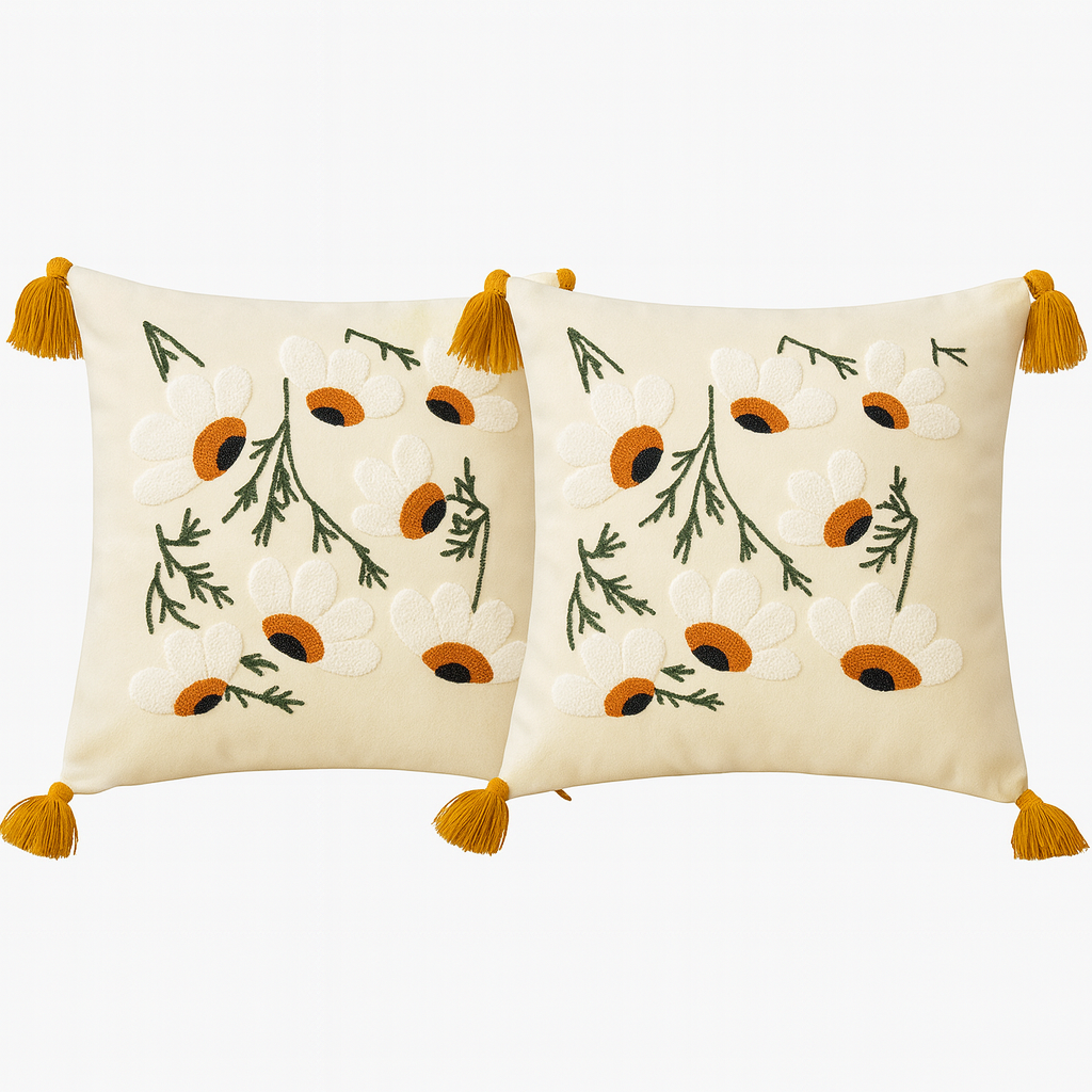 2 Adet Set Saçaklı Yumuşak Punch İşlemeli Kırlent Yastık Kılıfı Terletmez (2 Adet 43x43) — papatya model6