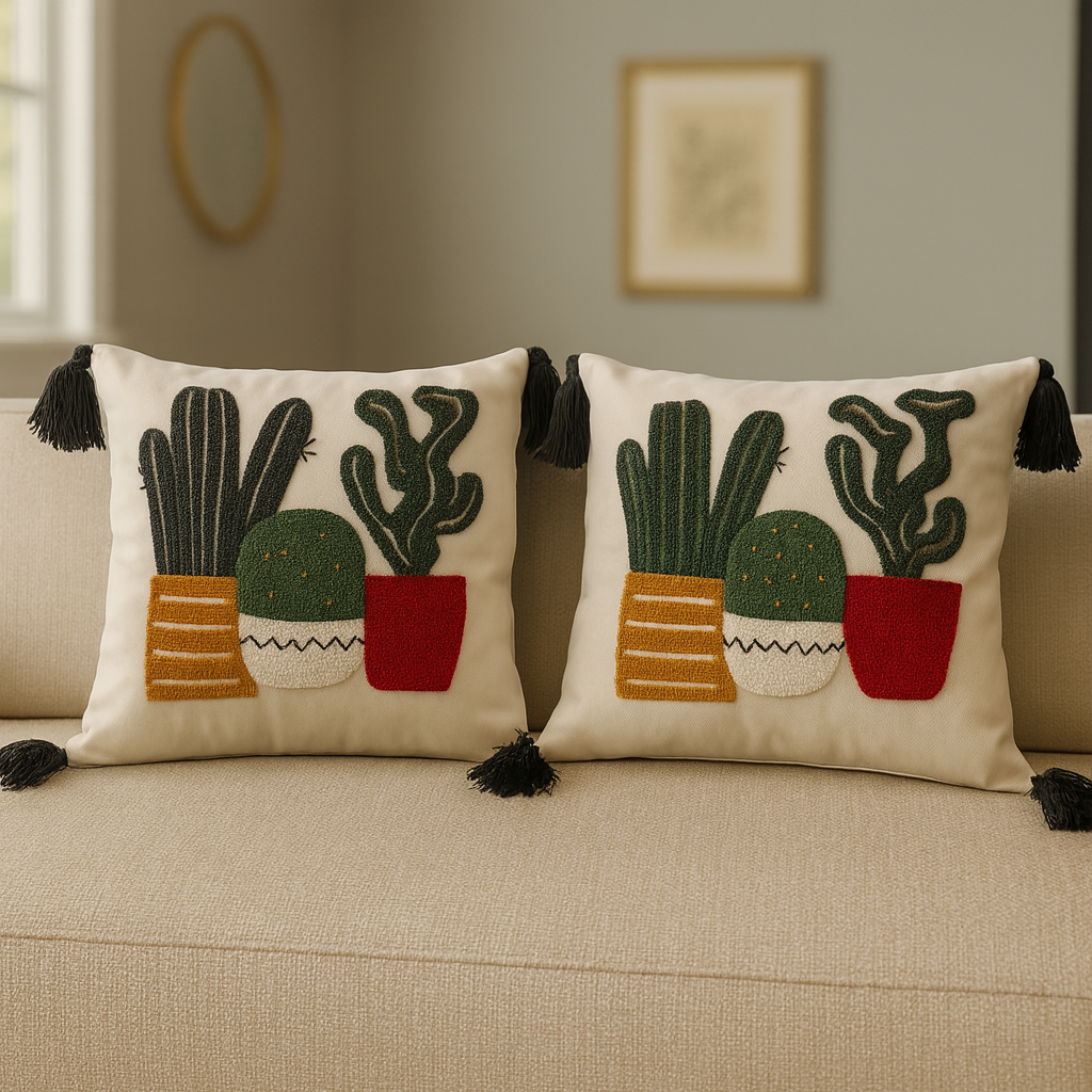 2 Adet Set Saçaklı Yumuşak Punch İşlemeli Kırlent Yastık Kılıfı Terletmez (2 Adet 43x43) — kaktüs model2