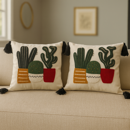 2 Adet Set Saçaklı Yumuşak Punch İşlemeli Kırlent Yastık Kılıfı Terletmez (2 Adet 43x43) — kaktüs model2