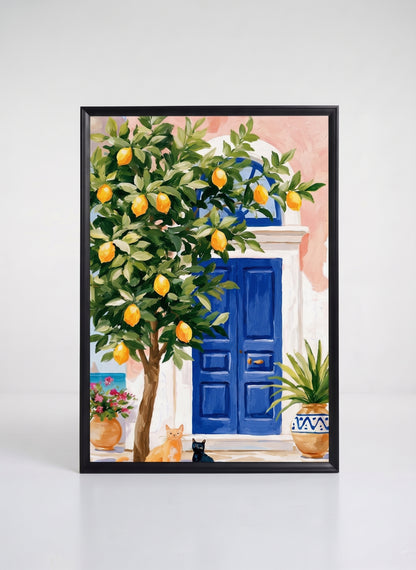 Limon Ağacı ve Mavi Kapı Dekoratif Premium Kumaş Çerçeveli Tablo