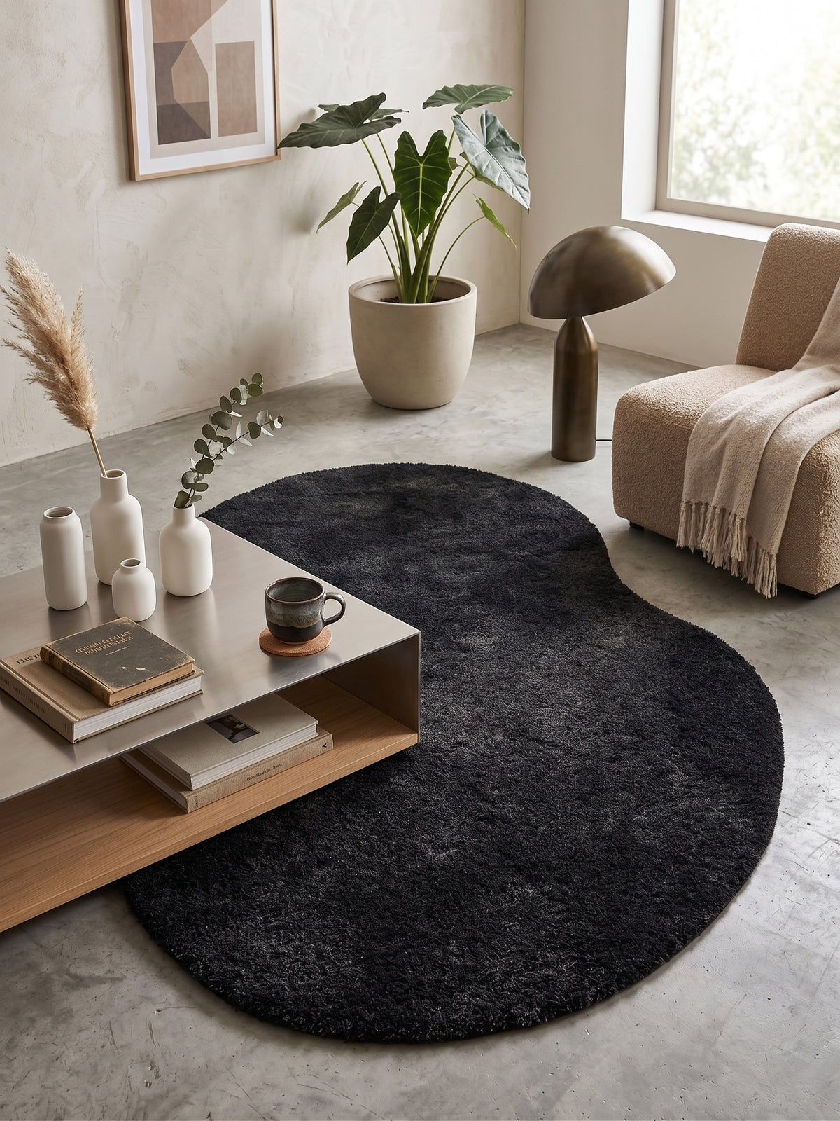 Natural Serisi Siyah Yoğun Dokulu Polyester Pamuk Tabanlı Modern Halı Yolluk Oturma Odası Salon Halısı NTRL-01-9060