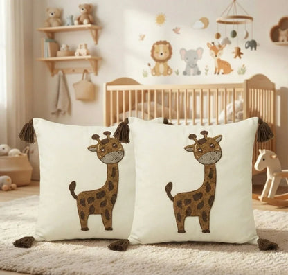 2 Adet Set Saçaklı Yumuşak Punch İşlemeli Kırlent Yastık Kılıfı Terletmez (2 Adet 43x43) — zürafa çocuk model 14
