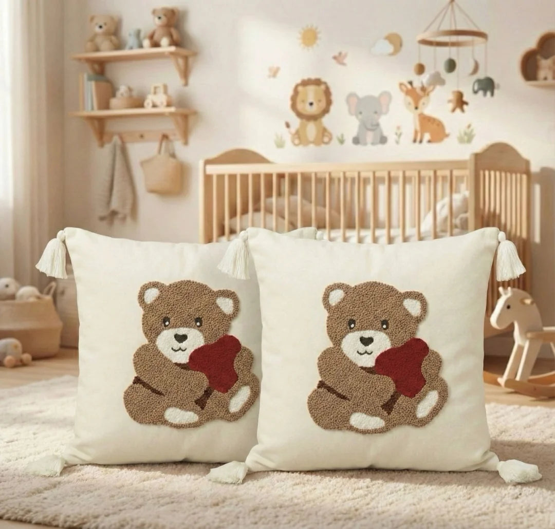 2 Adet Set Saçaklı Yumuşak Punch İşlemeli Kırlent Yastık Kılıfı Terletmez (2 Adet 43x43) — ayıcık çocuk model 12