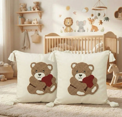 2 Adet Set Saçaklı Yumuşak Punch İşlemeli Kırlent Yastık Kılıfı Terletmez (2 Adet 43x43) — ayıcık çocuk model 12