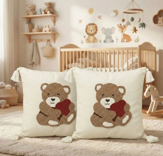 2 Adet Set Saçaklı Yumuşak Punch İşlemeli Kırlent Yastık Kılıfı Terletmez (2 Adet 43x43) — ayıcık çocuk model 12
