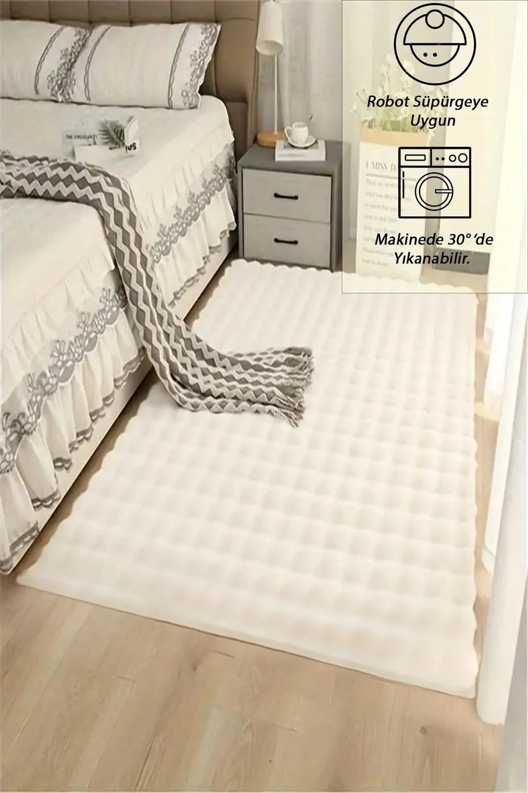 Eco Krem Yumuşak Kesme Yolluk Kaymaz Taban Yumuşak Peluş Halı