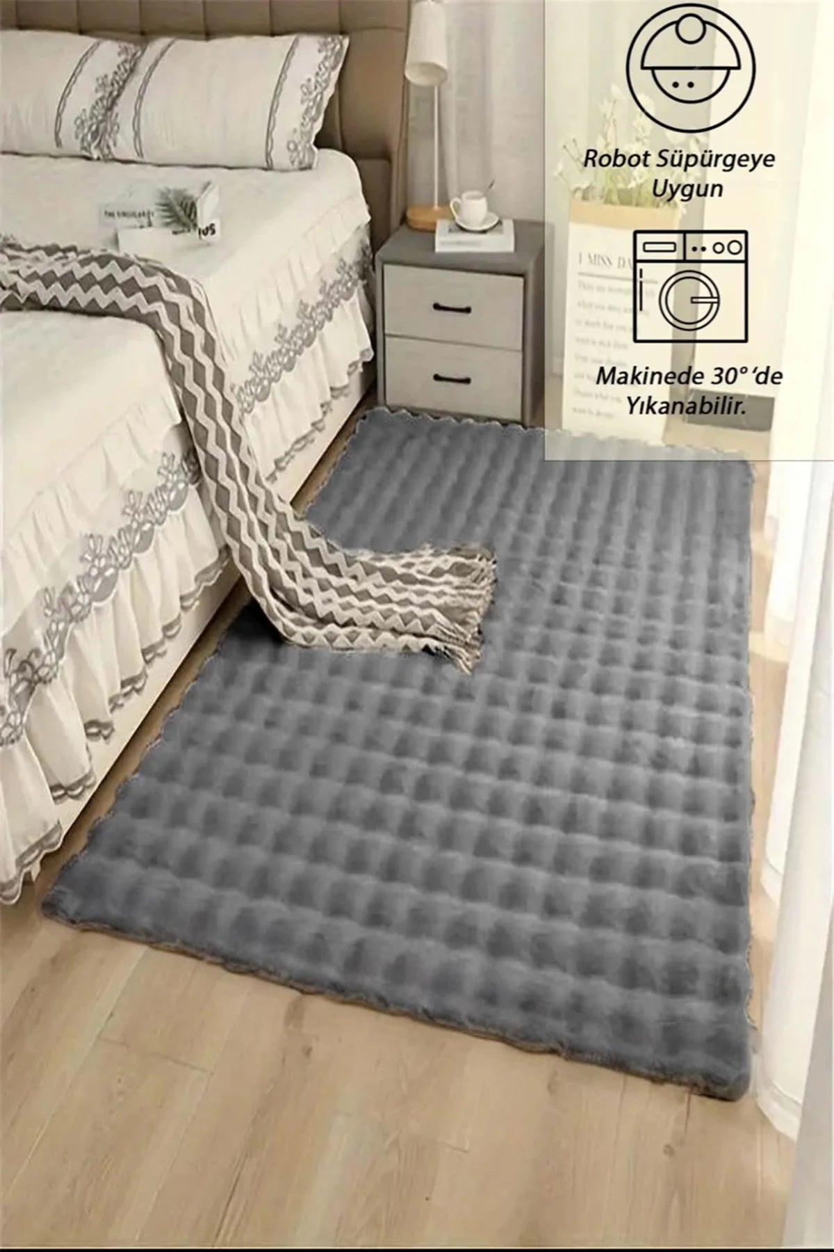 Eco Koyu Gri Yumuşak Kesme Yolluk Kaymaz Taban Yumuşak Peluş Halı
