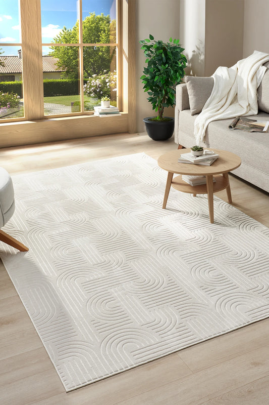 Bohem Emboss Premium Seri Kaymaz Taban Jel Taban Halı Yolluk Krem